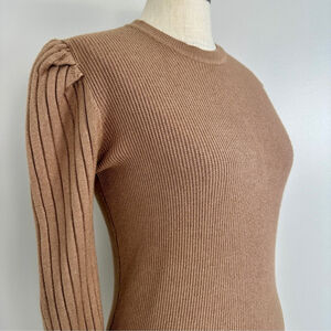 Niccolai Women's Ribbed Knit Sweater Puff Shoulder Long Sleeve Brown Large New
